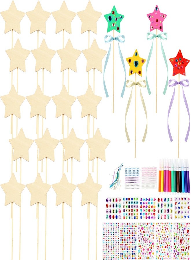 Feradny 72 Pcs Unfinished Star Princess Fairy Wands Kit Make Your Own Princess Wand DIY Art Craft Magical Wand Include 24 Star Wooden Fairy Wands 12 Gem Stickers 24 Ribbons 12 Markers for Kids Party Supplies - Image 1